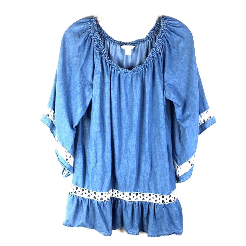 Khakis & Co. Chambray Top Bell Sleeves Women's Medium Boho Lace Trim *K